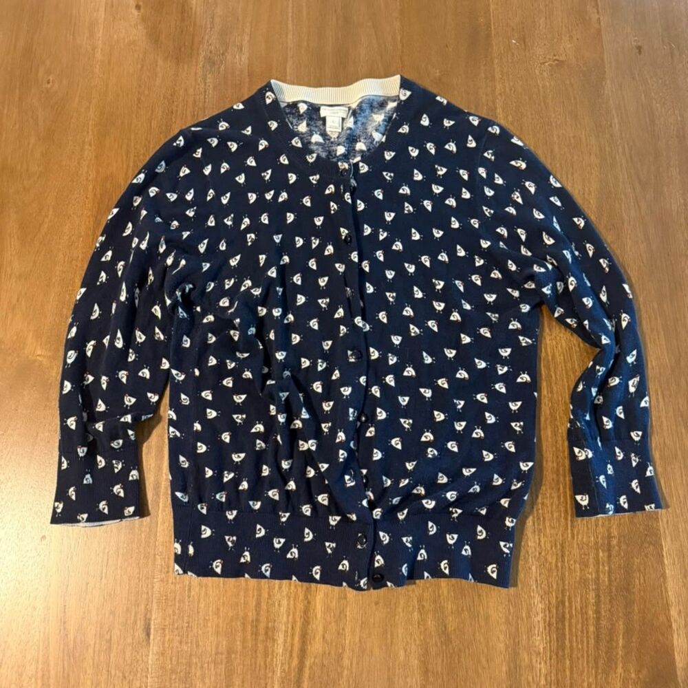 J.Crew The Clare Cardigan L Navy Chicken Hen Print Novelty Cottagecore Sweater